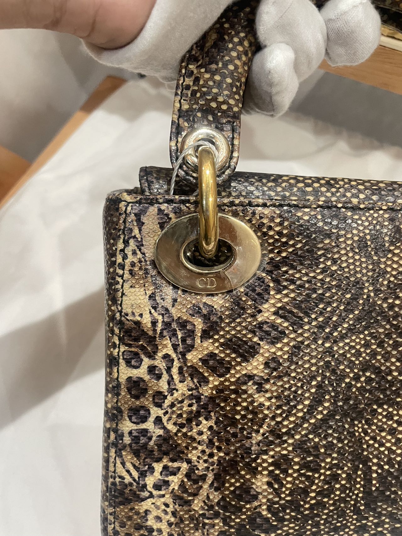 Pre-owned Certified Dior Mini Lady Dior Natural Rare Lizard Skin in Neutral Shades Python Pattern with Golden Hardware, 2017, w/ Full Set