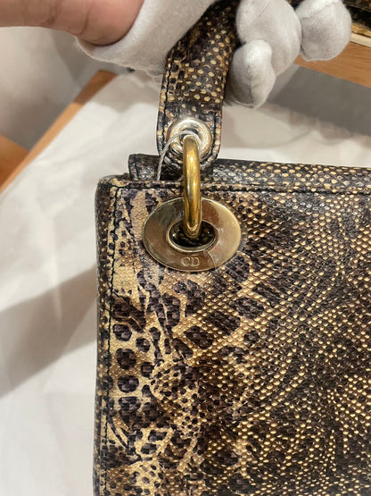 Pre-owned Certified Dior Mini Lady Dior Natural Rare Lizard Skin in Neutral Shades Python Pattern with Golden Hardware, 2017, w/ Full Set