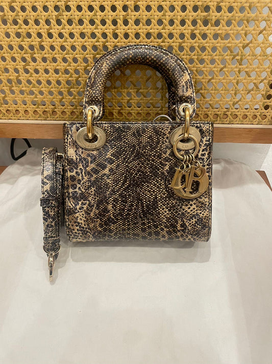 Pre-owned Certified Dior Mini Lady Dior Natural Rare Lizard Skin in Neutral Shades Python Pattern with Golden Hardware, 2017, w/ Full Set