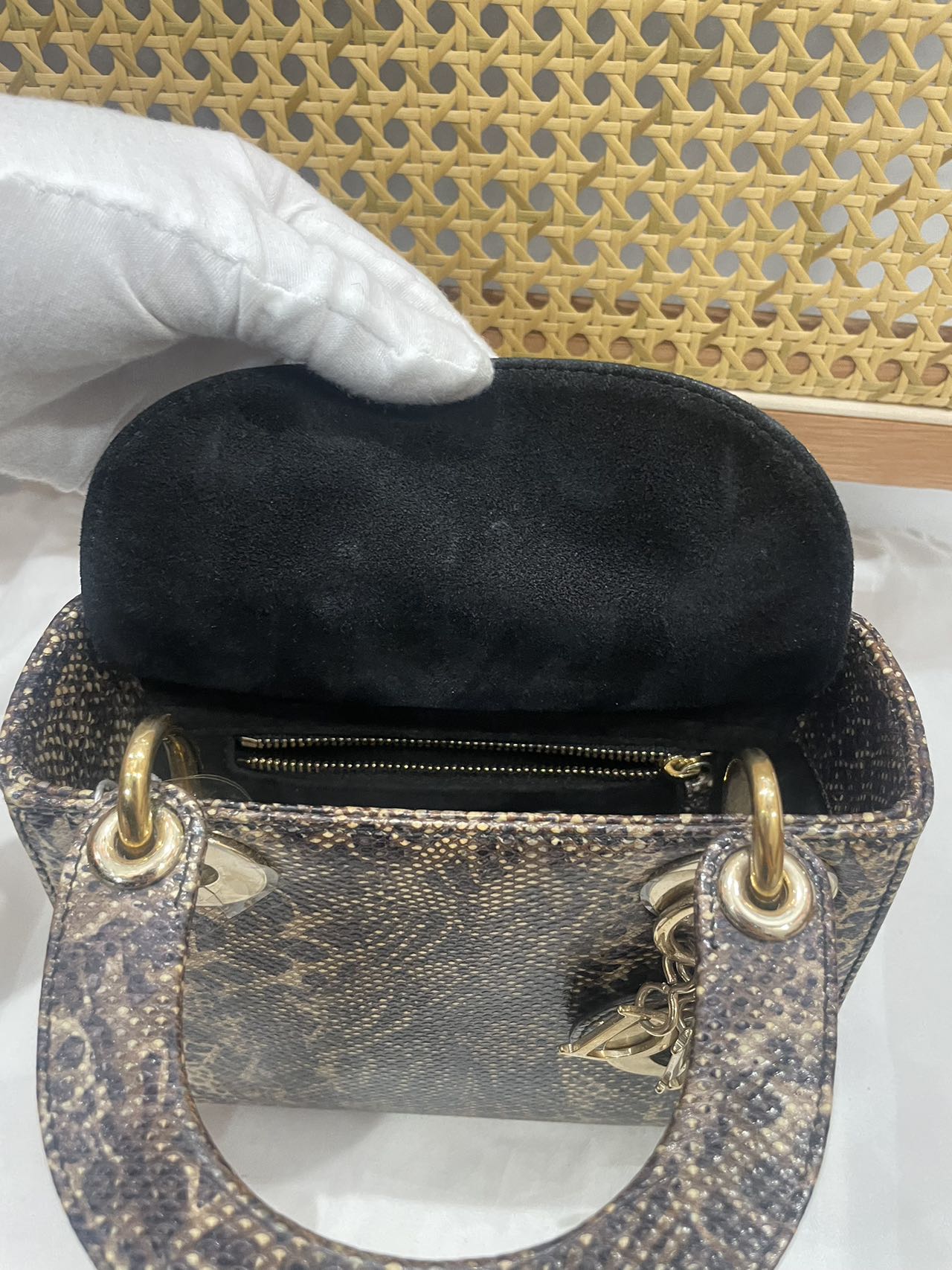 Pre-owned Certified Dior Mini Lady Dior Natural Rare Lizard Skin in Neutral Shades Python Pattern with Golden Hardware, 2017, w/ Full Set