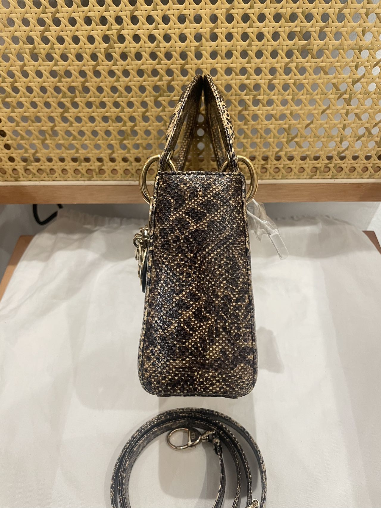 Pre-owned Certified Dior Mini Lady Dior Natural Rare Lizard Skin in Neutral Shades Python Pattern with Golden Hardware, 2017, w/ Full Set