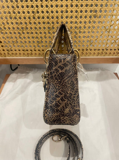 Pre-owned Certified Dior Mini Lady Dior Natural Rare Lizard Skin in Neutral Shades Python Pattern with Golden Hardware, 2017, w/ Full Set