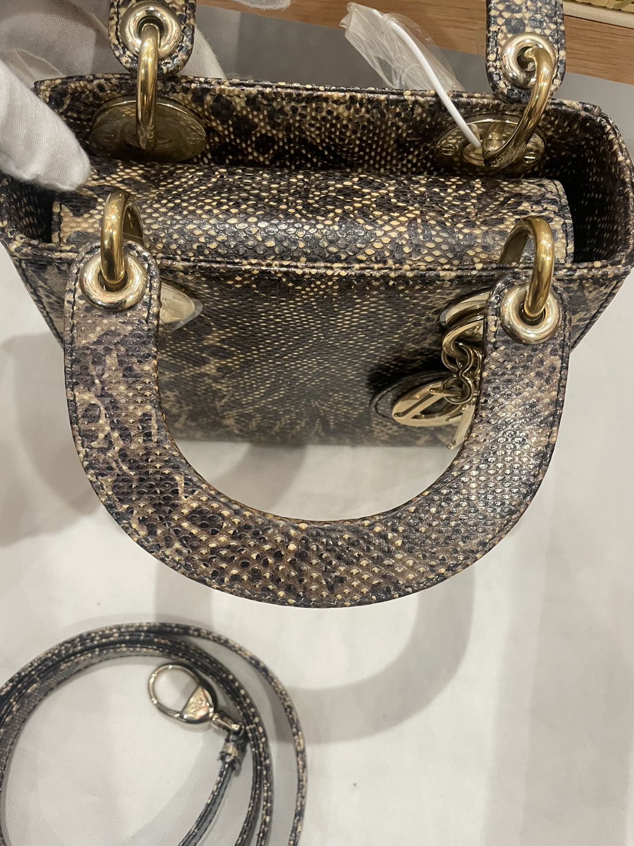 Pre-owned Certified Dior Mini Lady Dior Natural Rare Lizard Skin in Neutral Shades Python Pattern with Golden Hardware, 2017, w/ Full Set
