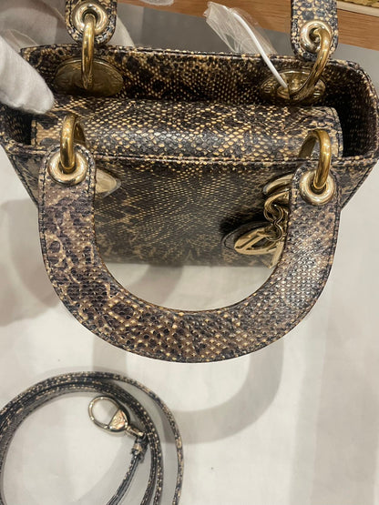 Pre-owned Certified Dior Mini Lady Dior Natural Rare Lizard Skin in Neutral Shades Python Pattern with Golden Hardware, 2017, w/ Full Set