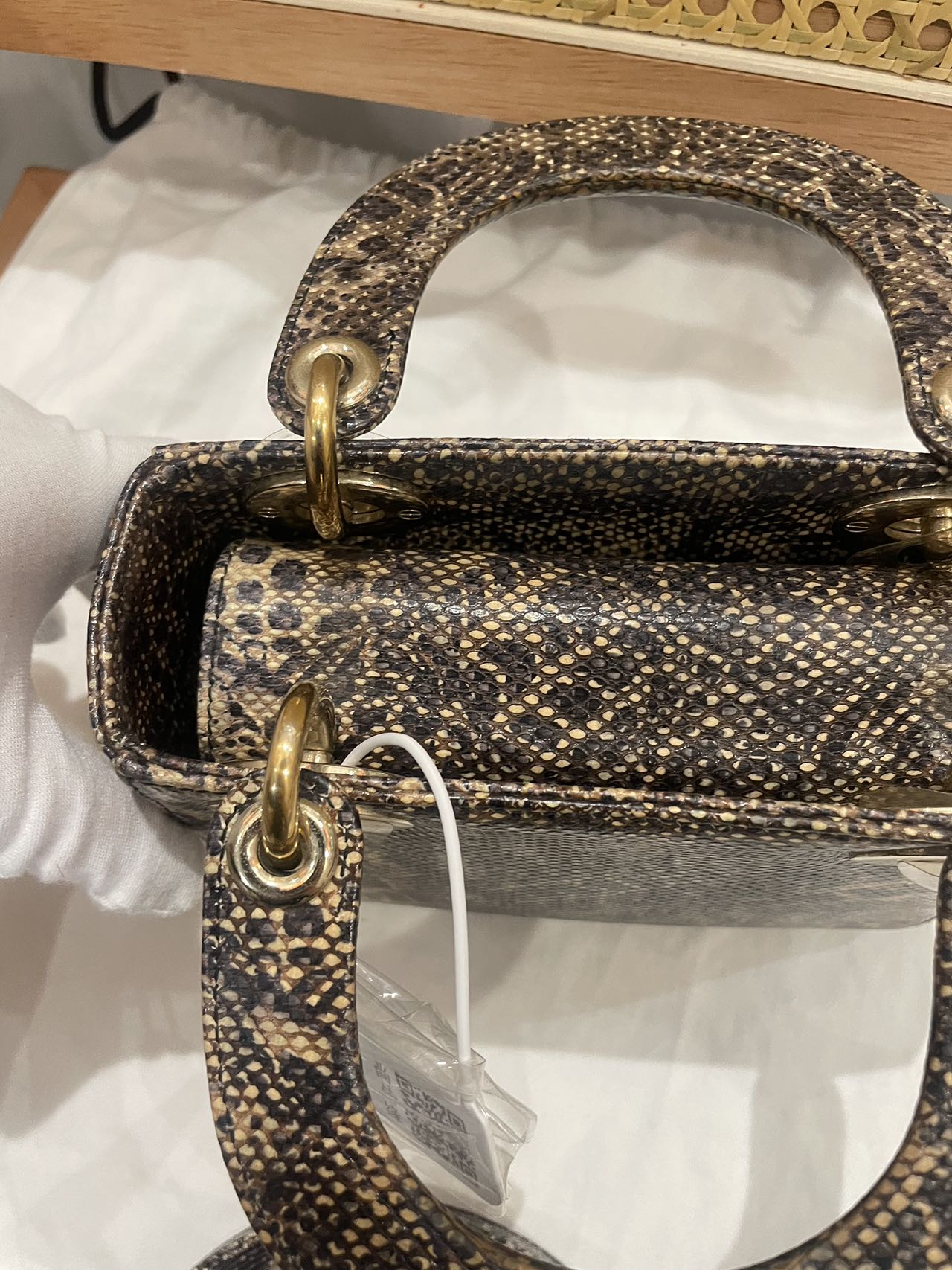 Pre-owned Certified Dior Mini Lady Dior Natural Rare Lizard Skin in Neutral Shades Python Pattern with Golden Hardware, 2017, w/ Full Set