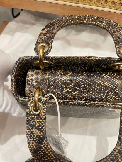 Pre-owned Certified Dior Mini Lady Dior Natural Rare Lizard Skin in Neutral Shades Python Pattern with Golden Hardware, 2017, w/ Full Set