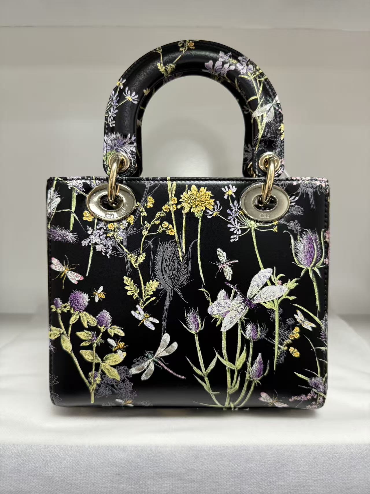 Pre-owned Certified Dior Small Lady Dior Black Calfskin with Painted Floral Pattern with Light Golden Hardware, 2024, w/ full set