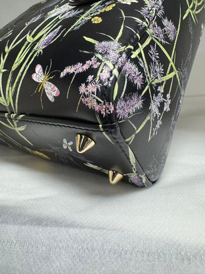 Pre-owned Certified Dior Small Lady Dior Black Calfskin with Painted Floral Pattern with Light Golden Hardware, 2024, w/ full set