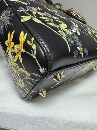 Pre-owned Certified Dior Small Lady Dior Black Calfskin with Painted Floral Pattern with Light Golden Hardware, 2024, w/ full set