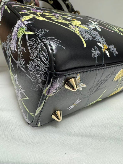 Pre-owned Certified Dior Small Lady Dior Black Calfskin with Painted Floral Pattern with Light Golden Hardware, 2024, w/ full set