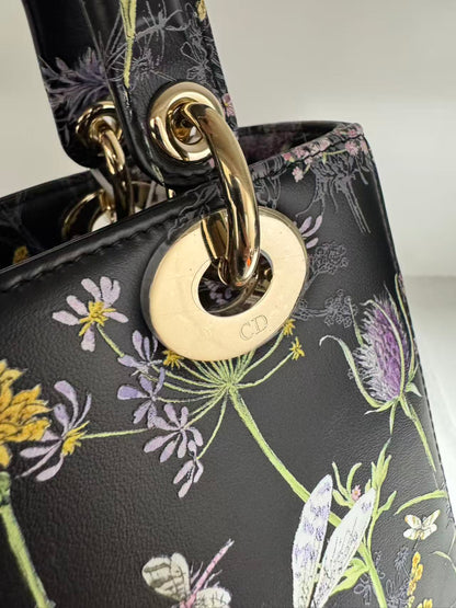 Pre-owned Certified Dior Small Lady Dior Black Calfskin with Painted Floral Pattern with Light Golden Hardware, 2024, w/ full set