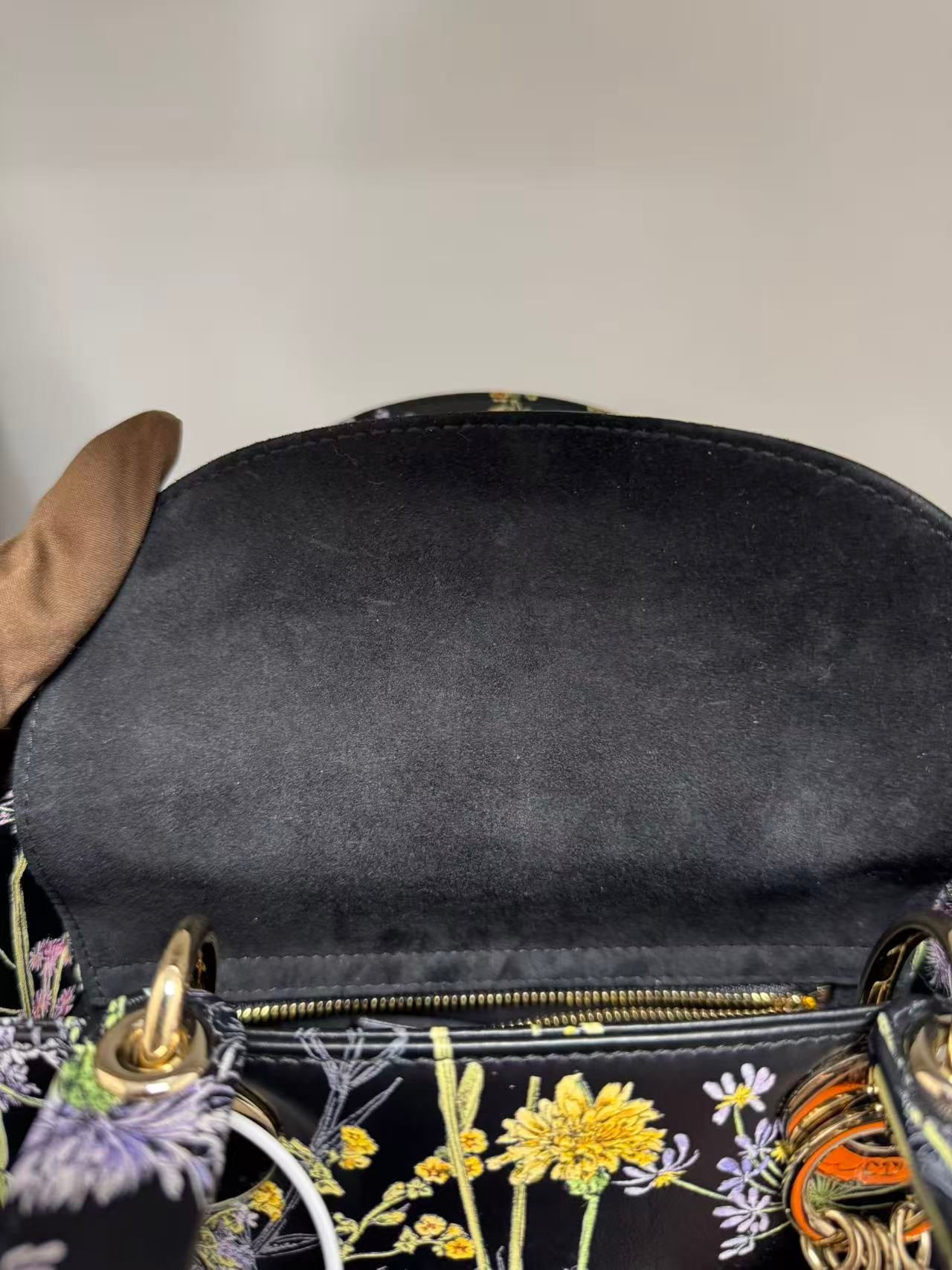 Pre-owned Certified Dior Small Lady Dior Black Calfskin with Painted Floral Pattern with Light Golden Hardware, 2024, w/ full set