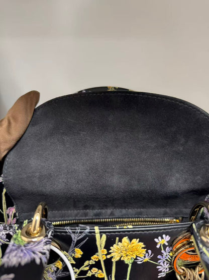 Pre-owned Certified Dior Small Lady Dior Black Calfskin with Painted Floral Pattern with Light Golden Hardware, 2024, w/ full set