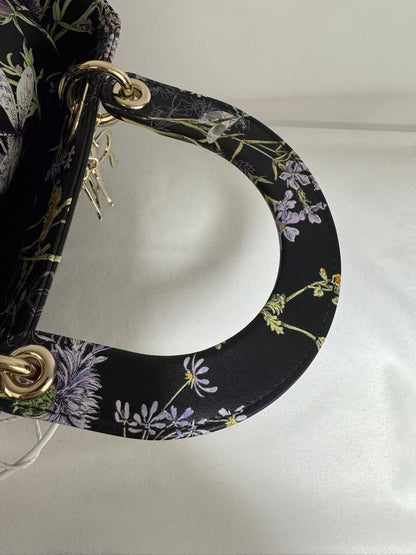 Pre-owned Certified Dior Small Lady Dior Black Calfskin with Painted Floral Pattern with Light Golden Hardware, 2024, w/ full set