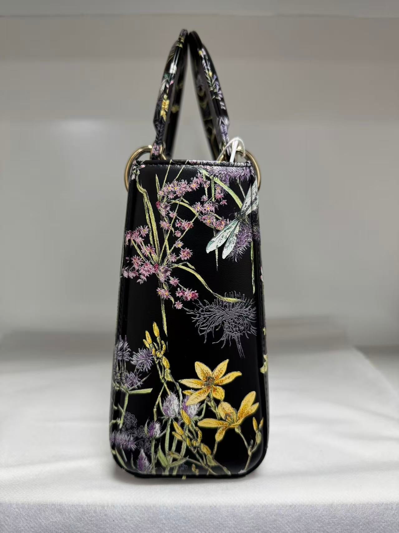 Pre-owned Certified Dior Small Lady Dior Black Calfskin with Painted Floral Pattern with Light Golden Hardware, 2024, w/ full set