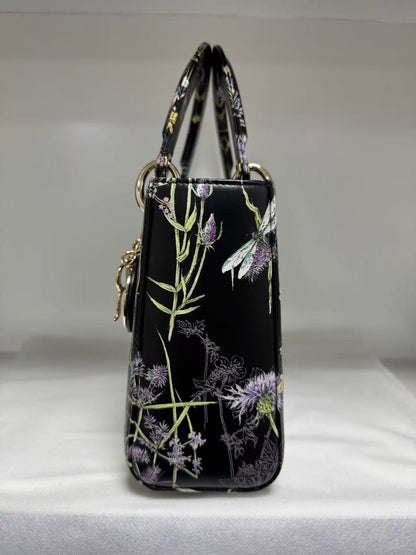 Pre-owned Certified Dior Small Lady Dior Black Calfskin with Painted Floral Pattern with Light Golden Hardware, 2024, w/ full set