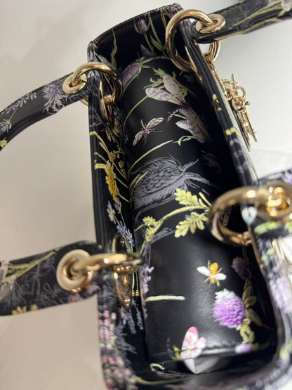 Pre-owned Certified Dior Small Lady Dior Black Calfskin with Painted Floral Pattern with Light Golden Hardware, 2024, w/ full set