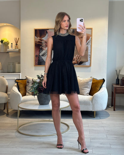 Saint Laurent Black Floral Lace Sleeveless Dress with Studded Neck Detail Size FR 38 (UK 10)