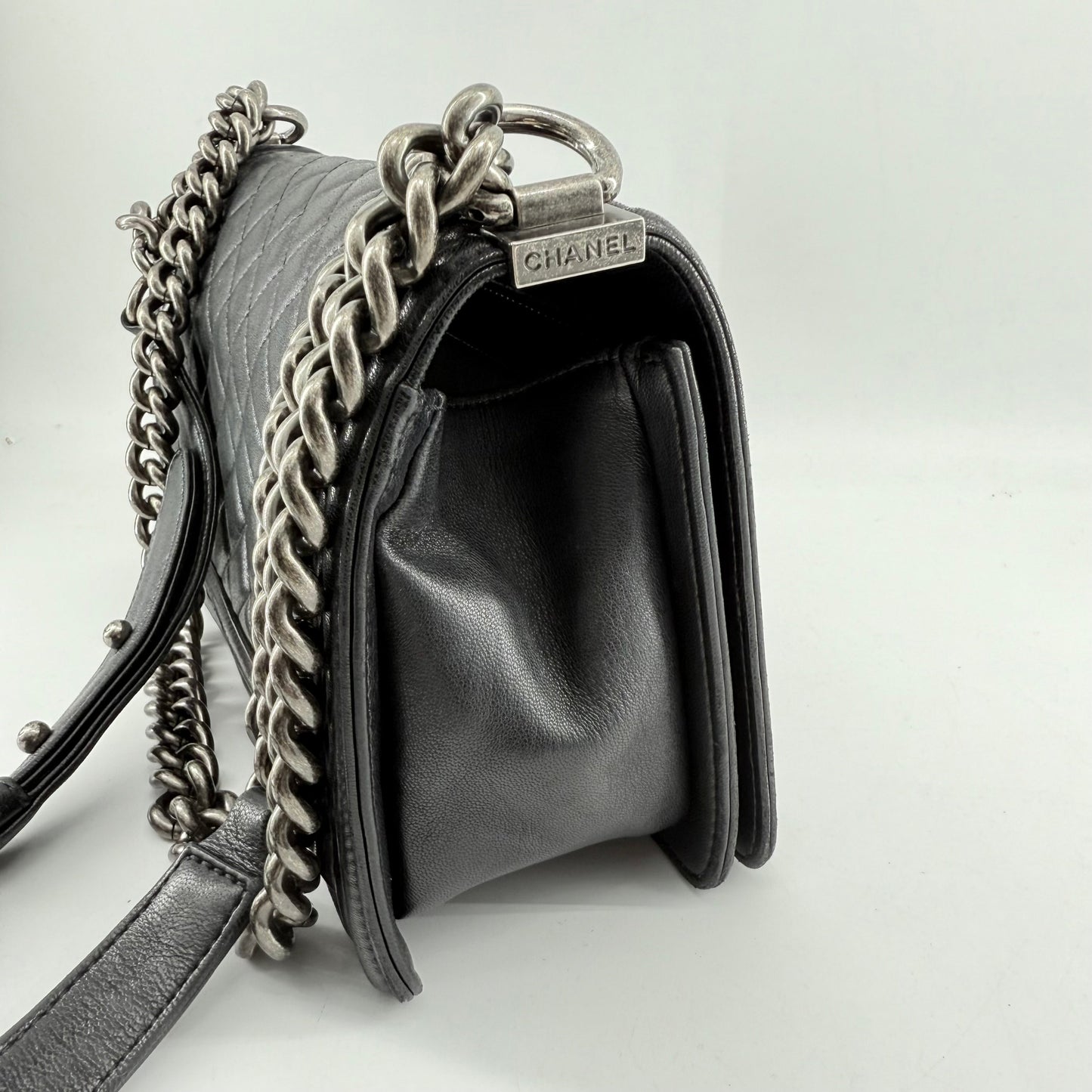 Chanel Medium Black Lambskin Ruthenium Hardware Le Boy Flap Bag