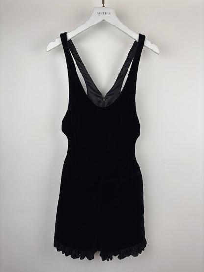Saint Laurent Black Velvet Mini Sleeveless Playsuit with Crystal Heart and YSL Zip Detail Size FR 36 (UK 8)
