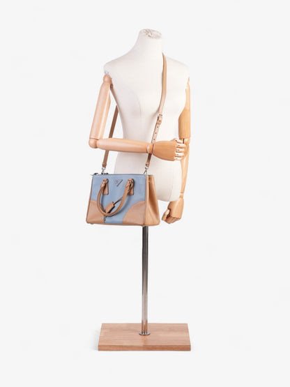 Prada Galleria Double Zip Tote Blue / Beige Saffiano Leather
