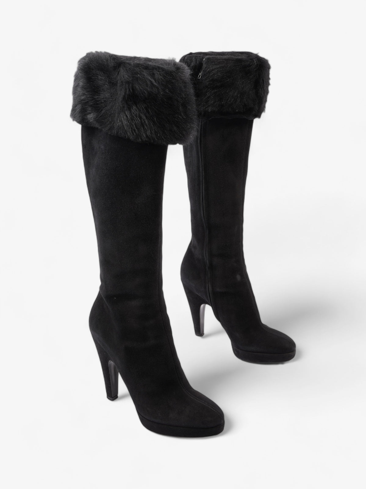 Prada Fur Trim Calf Boots 100mm Black Suede EU 37 UK 4