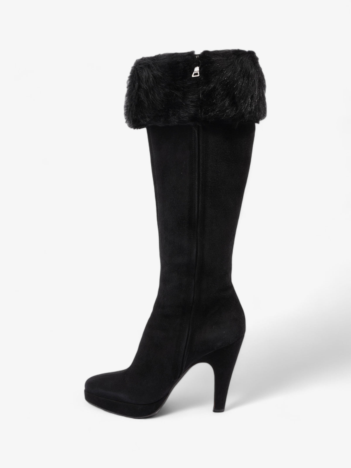 Prada Fur Trim Calf Boots 100mm Black Suede EU 37 UK 4