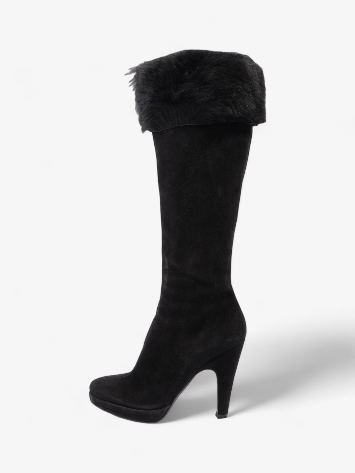 Prada Fur Trim Calf Boots 100mm Black Suede EU 37 UK 4