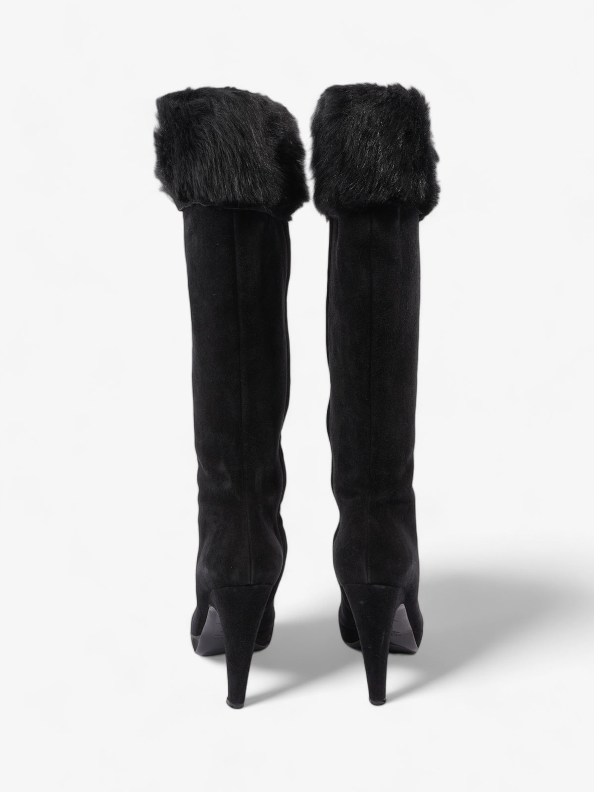 Prada Fur Trim Calf Boots 100mm Black Suede EU 37 UK 4