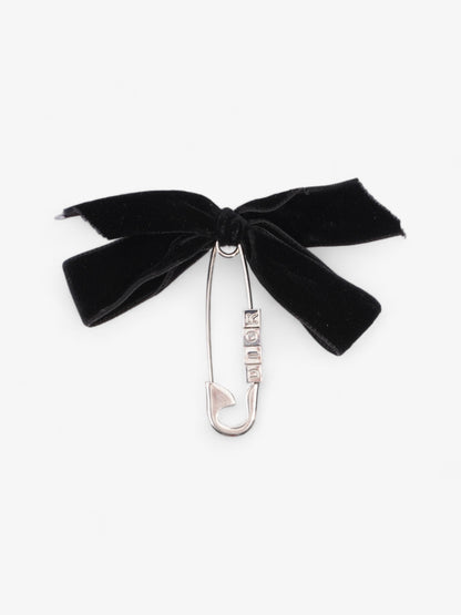 Christian Dior Logo Block Letters with Ribbon Safety Pin Brooch Black / Silver Base Metal