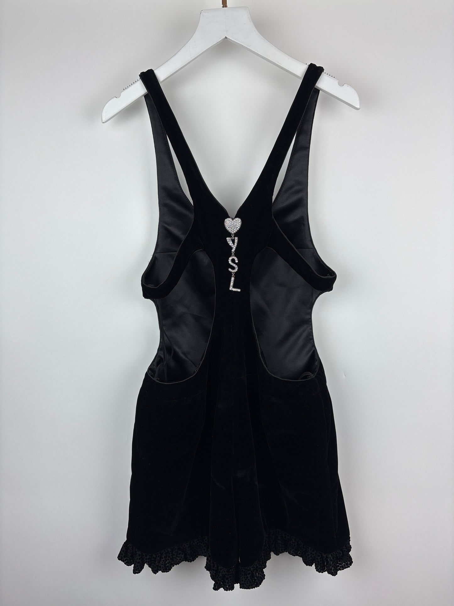 Saint Laurent Black Velvet Mini Sleeveless Playsuit with Crystal Heart and YSL Zip Detail Size FR 36 (UK 8)