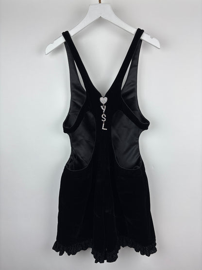Saint Laurent Black Velvet Mini Sleeveless Playsuit with Crystal Heart and YSL Zip Detail Size FR 36 (UK 8)