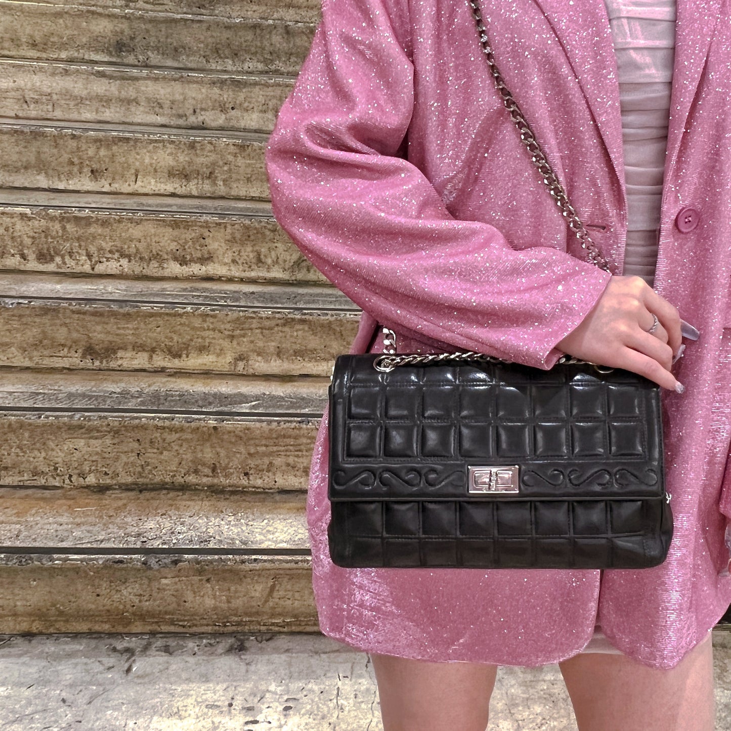 Chanel 2.55 chocolate bar rhinestone chain shoulder bag TWS