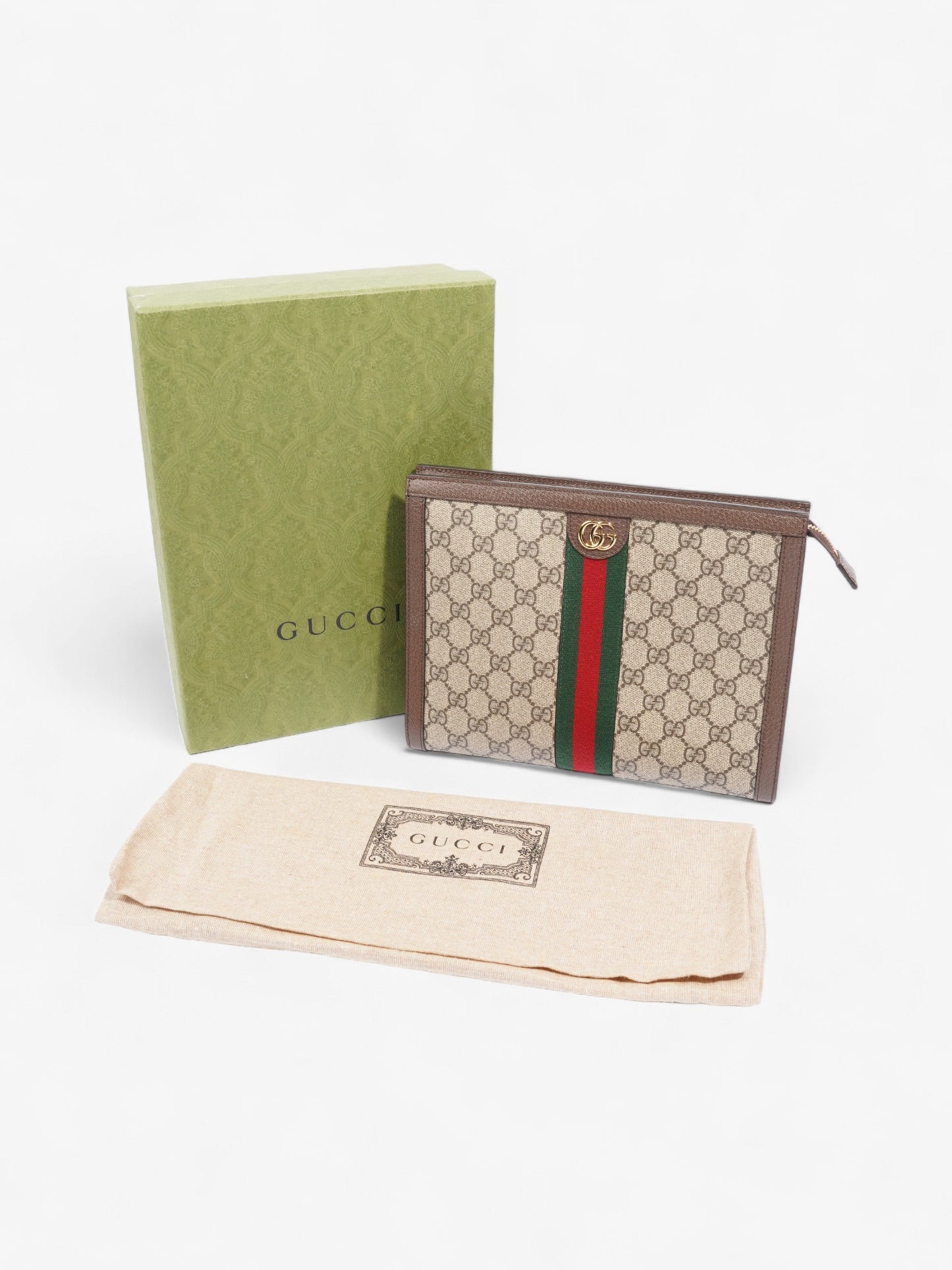 Gucci Ophidia GG Pouch Beige And Ebony GG Supreme / Green And Red Web Coated Canvas