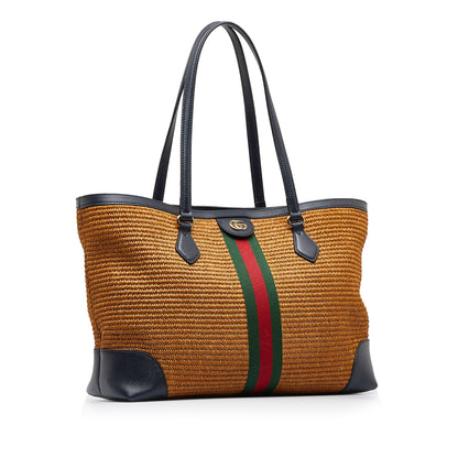 Brown Gucci Medium Raffia Ophidia Tote Bag