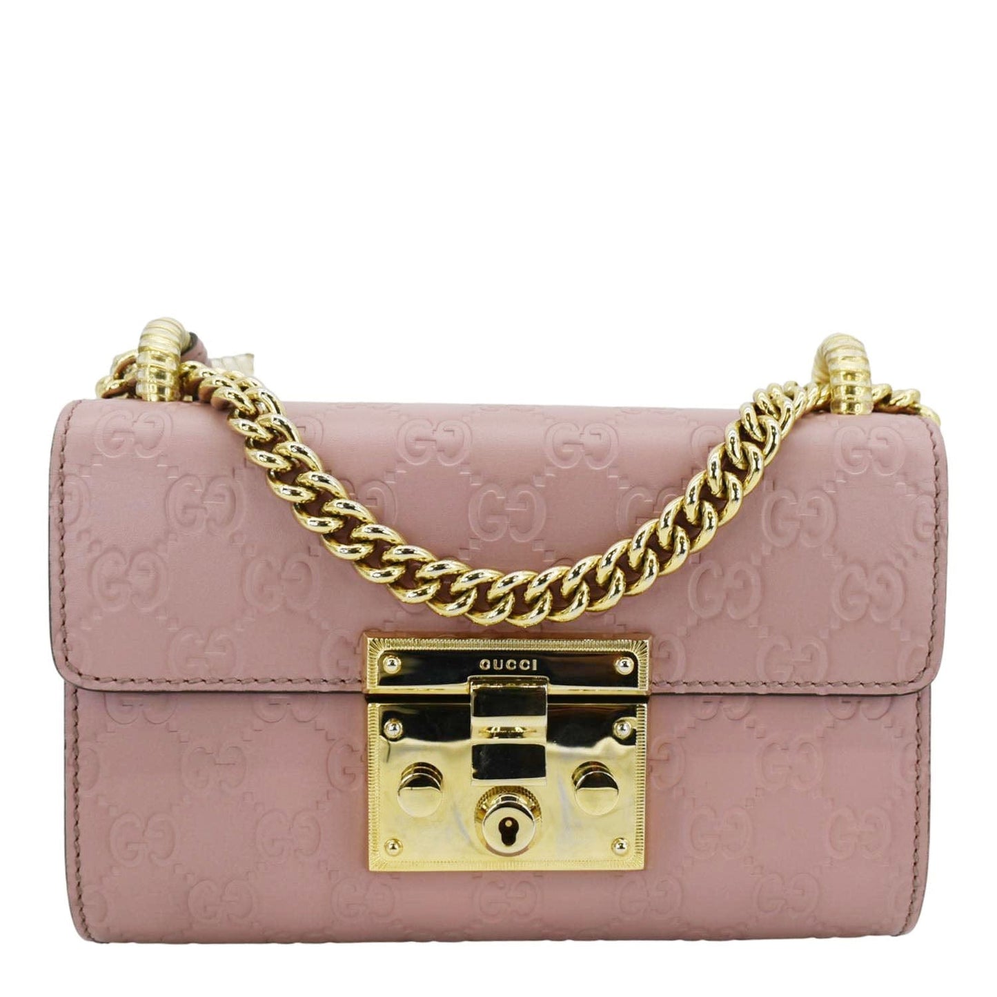 GUCCI Signature Padlock Leather Top Handle Shoulder Bag Pink 409487