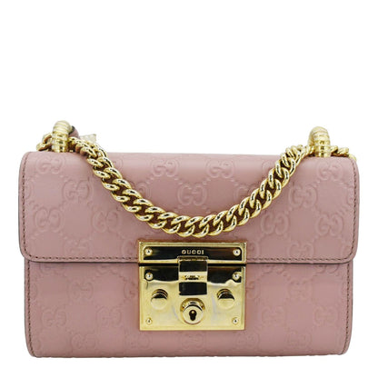 GUCCI Signature Padlock Leather Top Handle Shoulder Bag Pink 409487