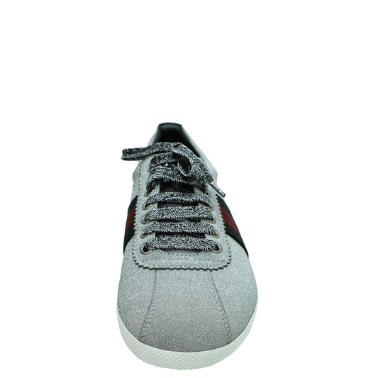Gucci Silver Glitter Fabric Studded Web Sneaker 39