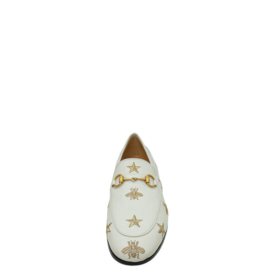 Gucci Mystic White Bee Star Embroidered Jordaan Horsebit Loafer 36.5