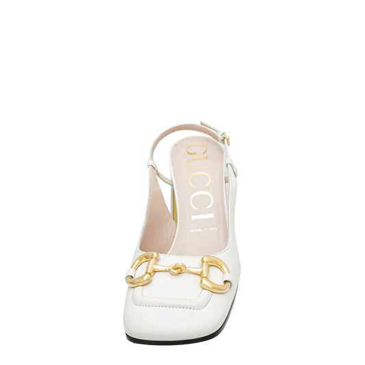 Gucci White Horsebit Mid-heel Slingback 38