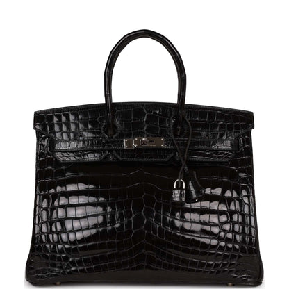 Hermes Birkin 35 Black Shiny Porosus Crocodile Palladium Hardware