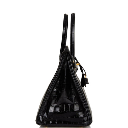 Hermes Birkin 30 Black Shiny Niloticus Crocodile Gold Hardware