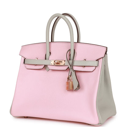 Hermes Special Order (HSS) Birkin 25 Rose Sakura and Gris Perle Chevre Mysore Rose Gold Hardware