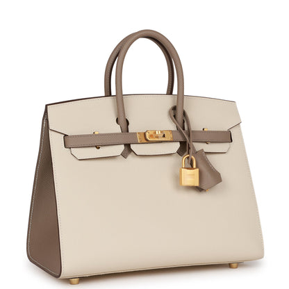 Hermes Birkin 25 Sellier Craie and Gris Asphalte Epsom Brushed Gold Hardware
