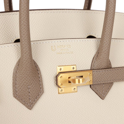 Hermes Birkin 25 Sellier Craie and Gris Asphalte Epsom Brushed Gold Hardware