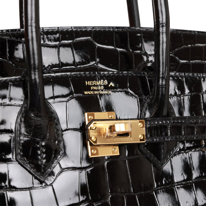 Hermes Birkin 25 Black Shiny Porosus Crocodile Gold Hardware