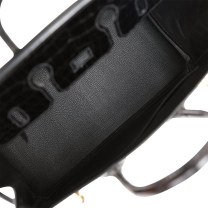 Hermes Birkin 25 Black Shiny Porosus Crocodile Gold Hardware