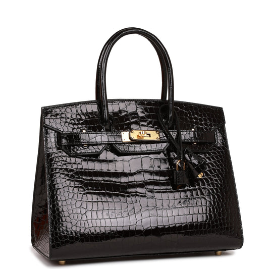 Hermes Birkin 30 Sellier Black Shiny Porosus Crocodile Gold Hardware