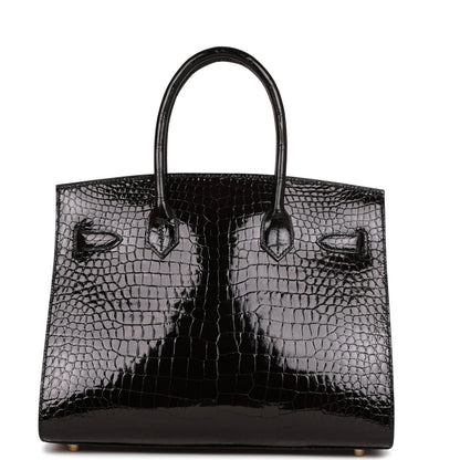 Hermes Birkin 30 Sellier Black Shiny Porosus Crocodile Gold Hardware