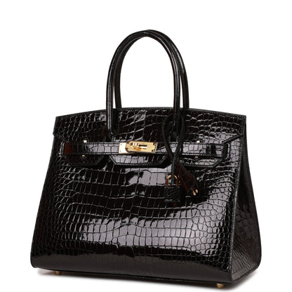 Hermes Birkin 30 Sellier Black Shiny Porosus Crocodile Gold Hardware